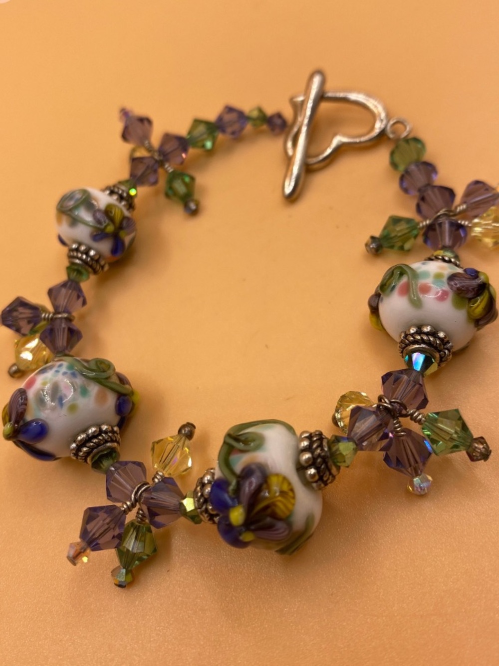 Vintage Handcrafted Floral Lampwork Glass Bead, Crystal, Sterling Bracelet